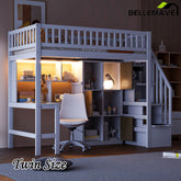 Bellemave® Twin Size Wood Loft Bed with Built - in Desk, LED, Storage Shelves, Cabinets and Staircase - Bellemave